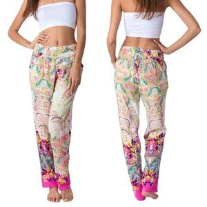 NWT Boho Pajama Lounge Pants Sz.L Pockets Floral Multi Pink Elastic Waist Fairy